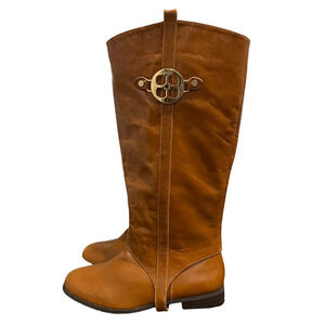 NWB Iman Women Brown Leather Upper Signature Logo Riding Boots Zip High Size 8M